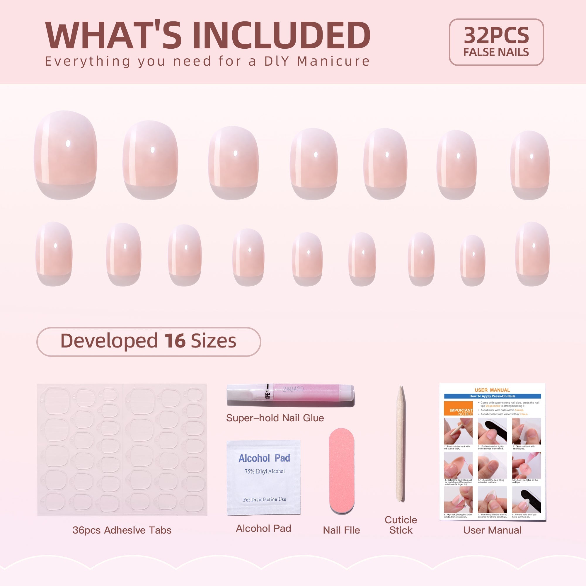 Gel Press On Nails 16 Sizes-32 Pcs Kit X004OT933T