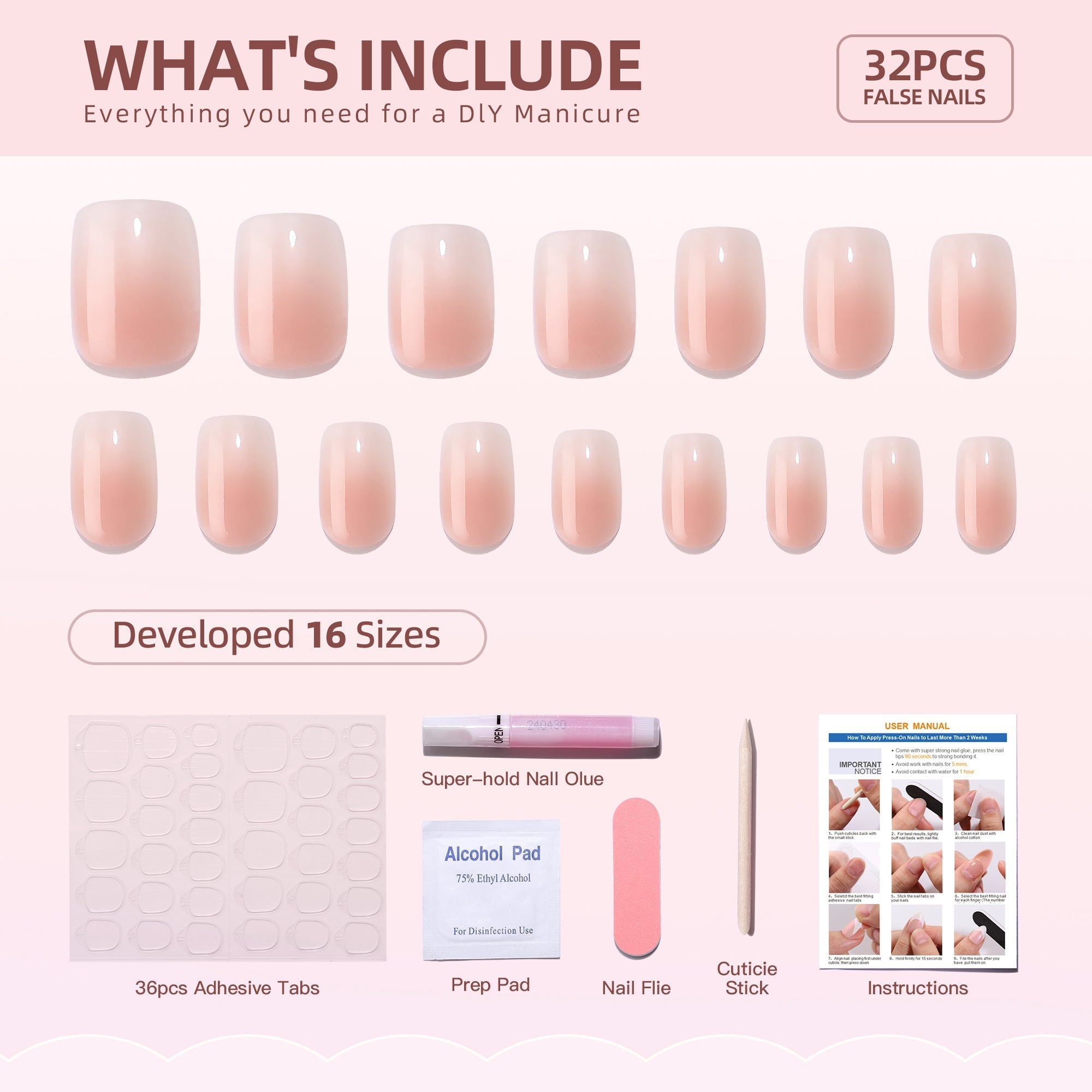 Gel Press On Nails 16 Sizes-32 Pcs X0049LGFJ7