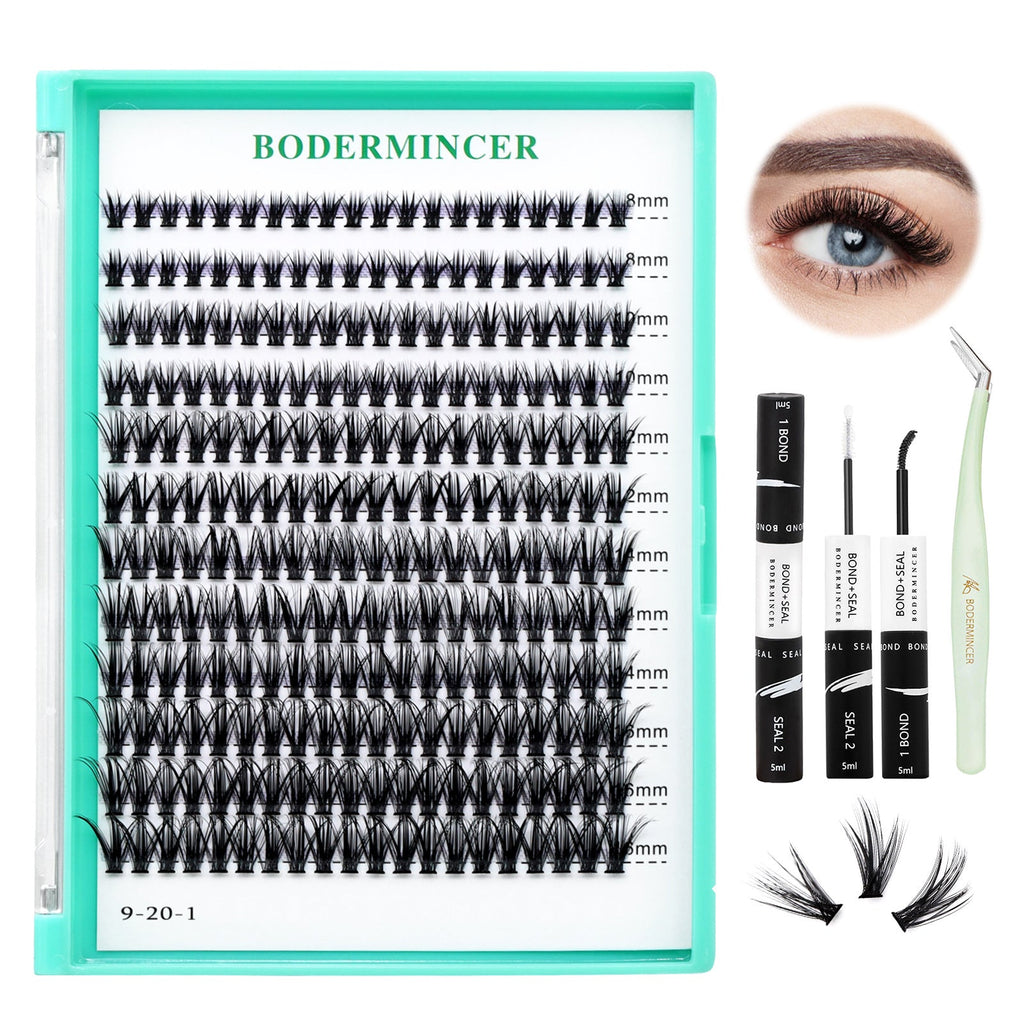 BODERMINCER 20D D Curl 240pcs 8-10-12-14-16mm Mixed Lash Kit With Bond &Seal and Tweezers Black Handmade False Eyelashes Natural Long Individual Eyelashes Extension Fake Lashes Makeup Beauty Cosmetic