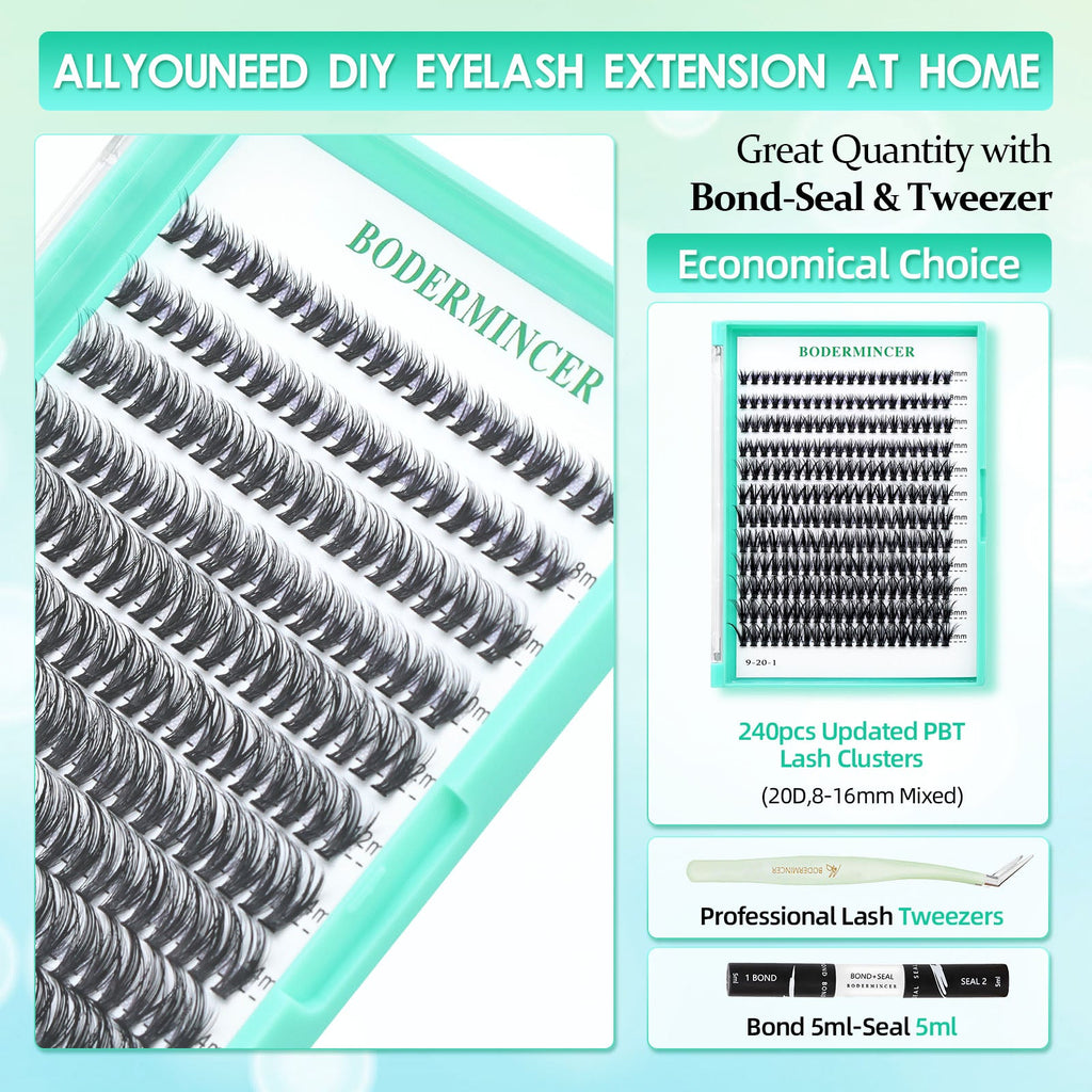 BODERMINCER 20D D Curl 240pcs 8-10-12-14-16mm Mixed Lash Kit With Bond &Seal and Tweezers Black Handmade False Eyelashes Natural Long Individual Eyelashes Extension Fake Lashes Makeup Beauty Cosmetic