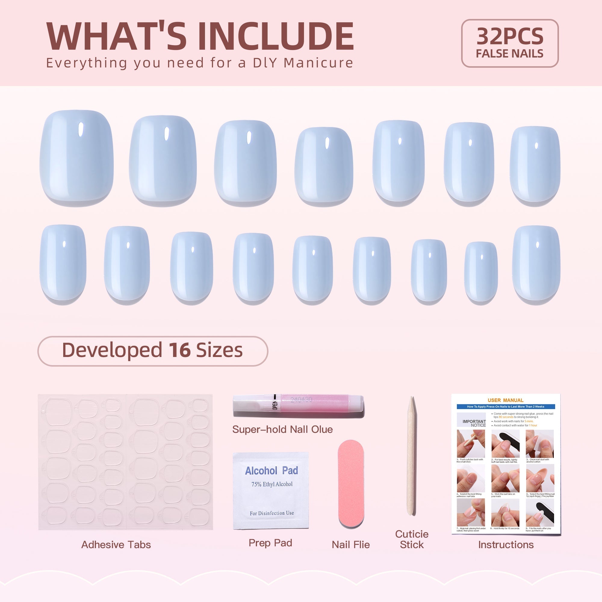 Gel Press On Nails 16 Sizes-32 Pcs Kit F023 MH-5