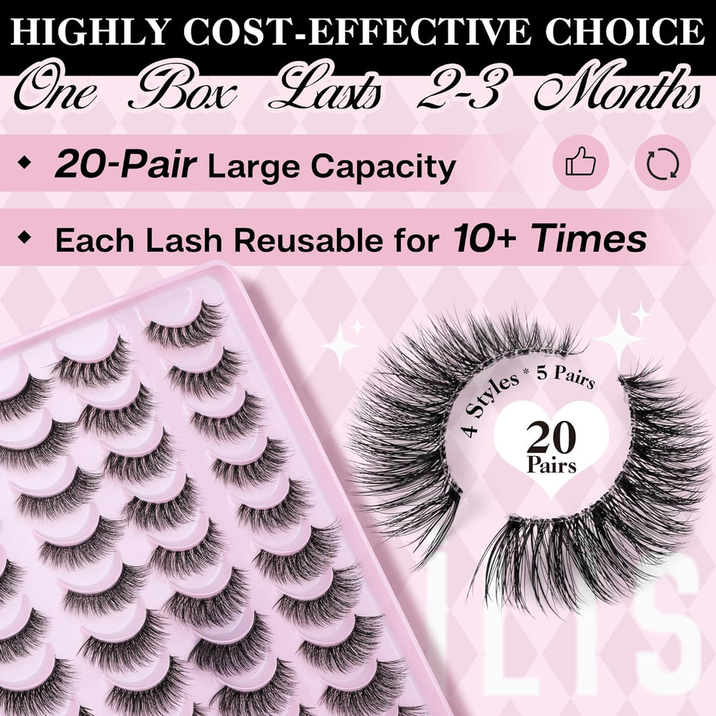 CALAILIS False Eyelashes Natural Look Fake Lashes 20 Pairs 4 Styles Wispy Fluffy False Lashes