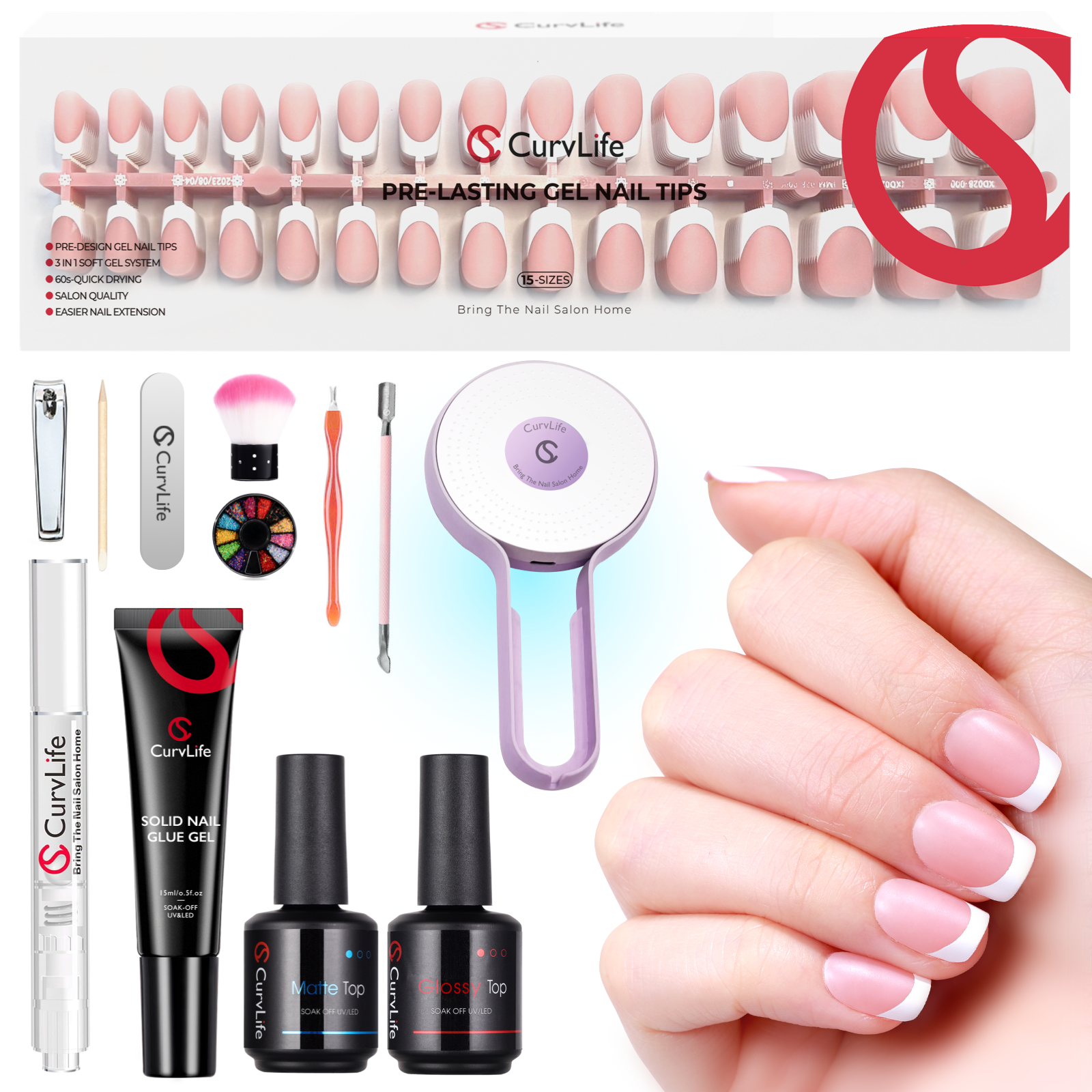 French Tip Kit -  Gel Top and Base Coat, UV Lamp Nails Glue Manicure press on nails