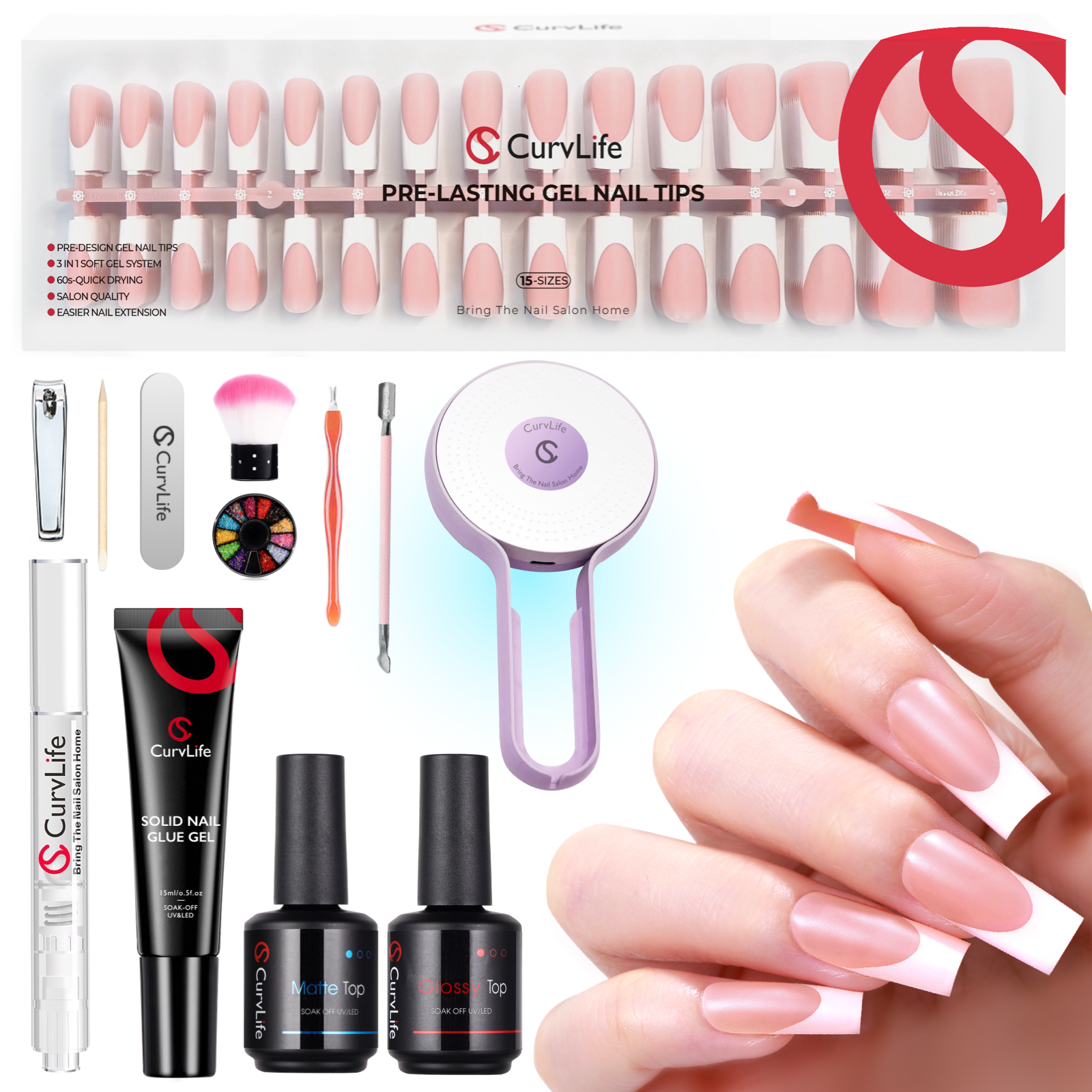 French Tip Kit -  Gel Top and Base Coat, UV Lamp Nails Glue Manicure press on nails