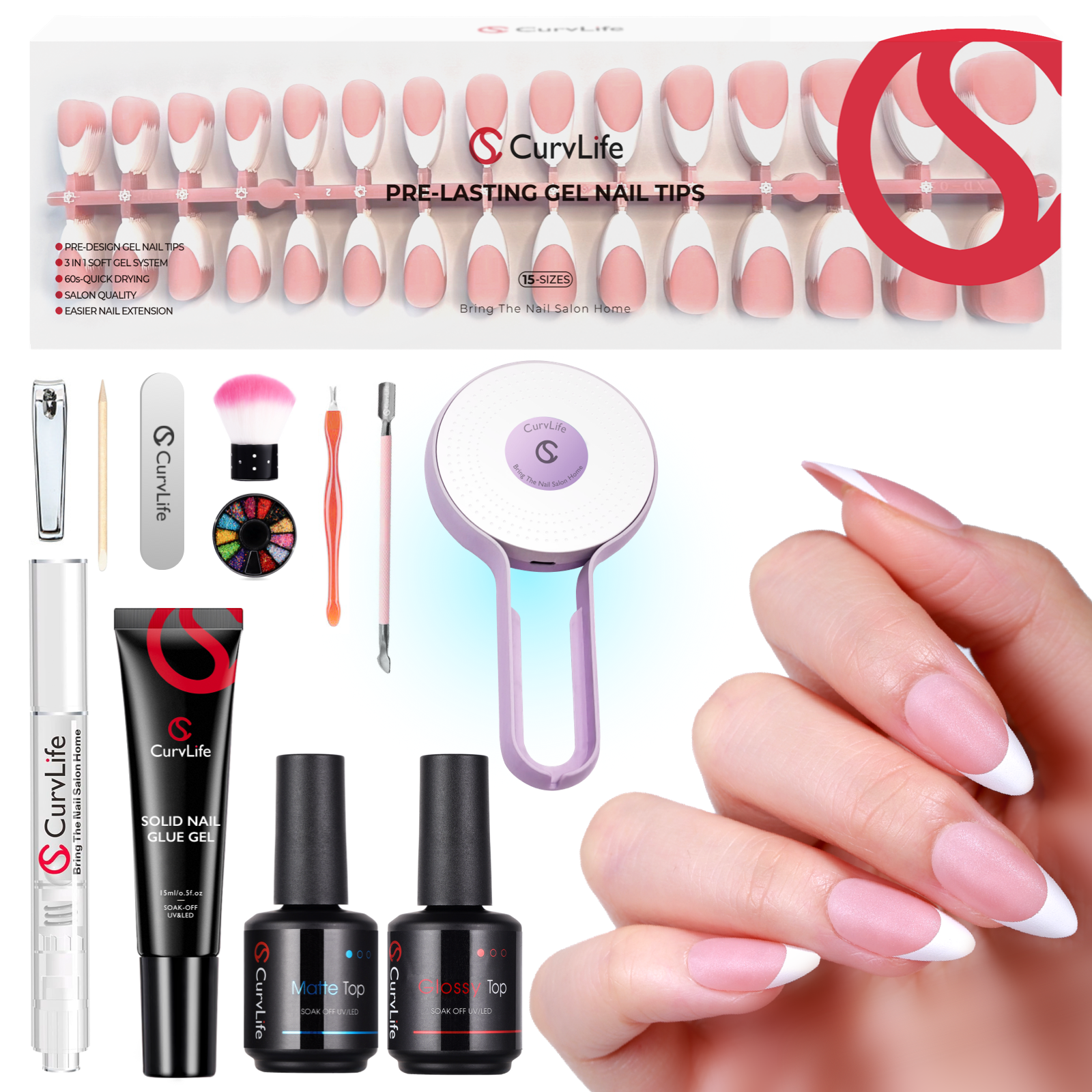 French Tip Kit -  Gel Top and Base Coat, UV Lamp Nails Glue Manicure press on nails