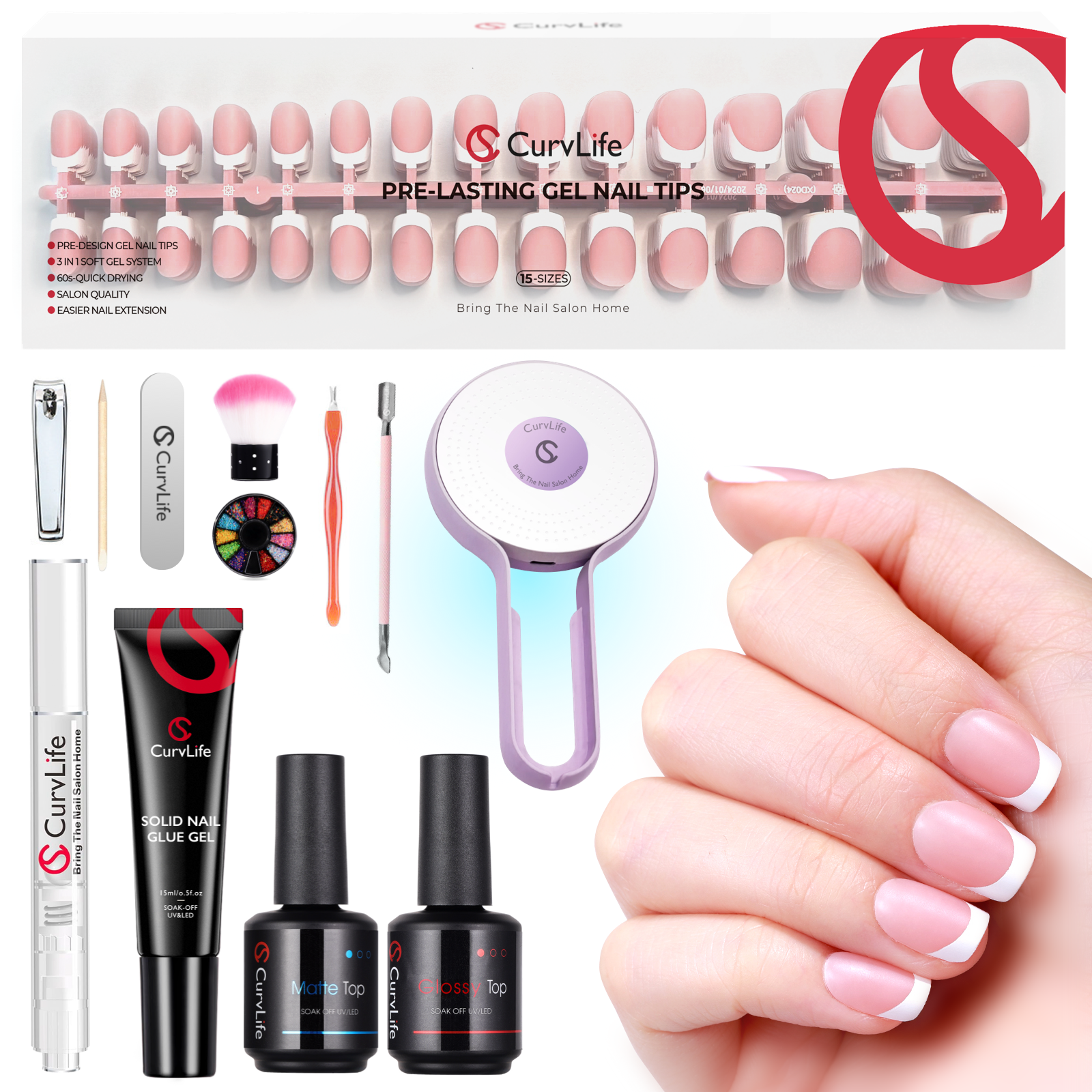 French Tip Kit -  Gel Top and Base Coat, UV Lamp Nails Glue Manicure press on nails