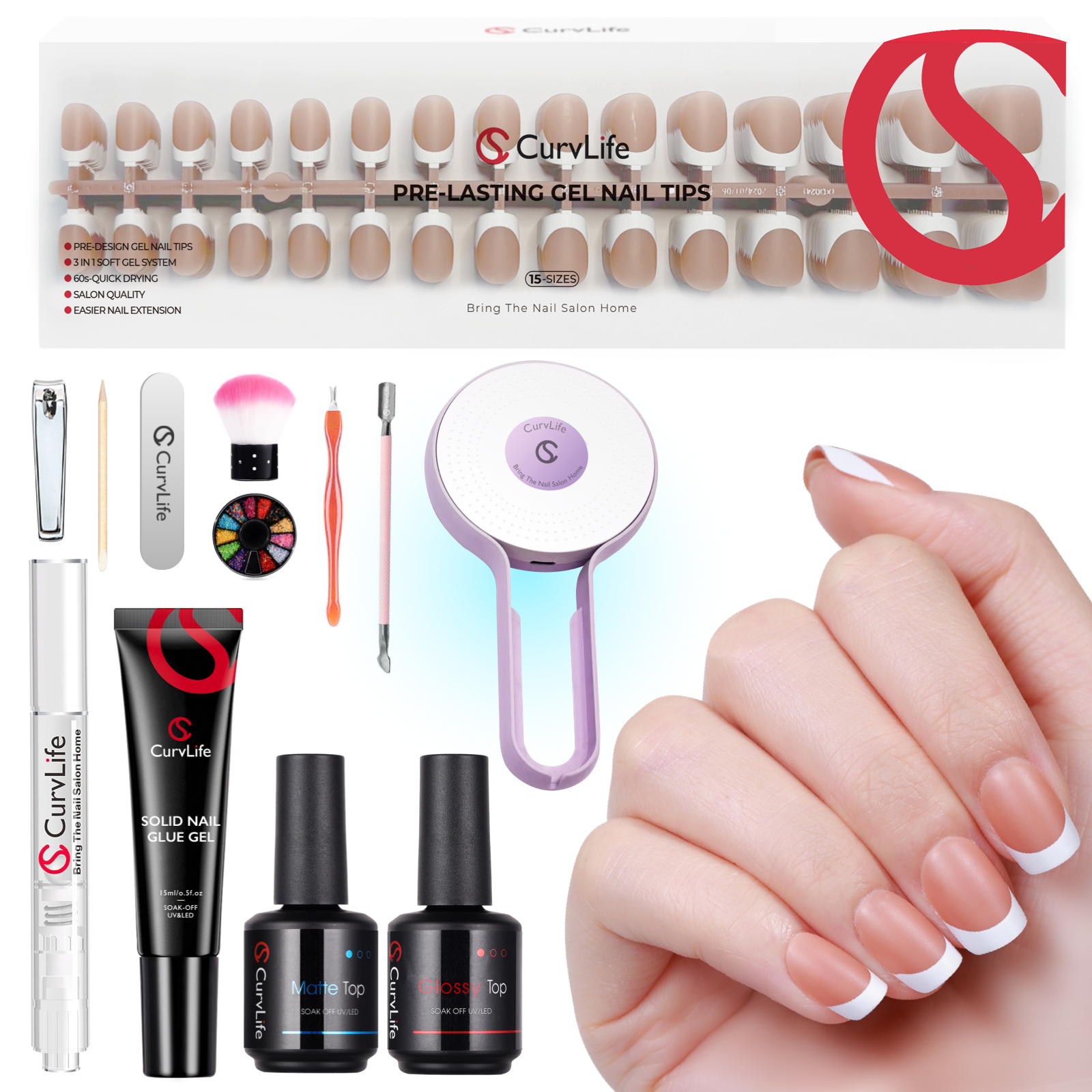 French Tip Kit -  Gel Top and Base Coat, UV Lamp Nails Glue Manicure press on nails